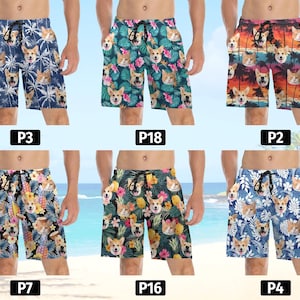 May include: Six pairs of colorful swim trunks with a variety of dog breeds printed on them. The trunks have an elastic waistband and drawstring closure.