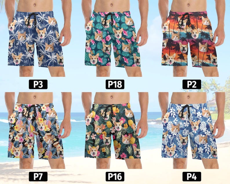 May include: Six pairs of colorful swim trunks with a variety of dog breeds printed on them. The trunks have an elastic waistband and drawstring closure.