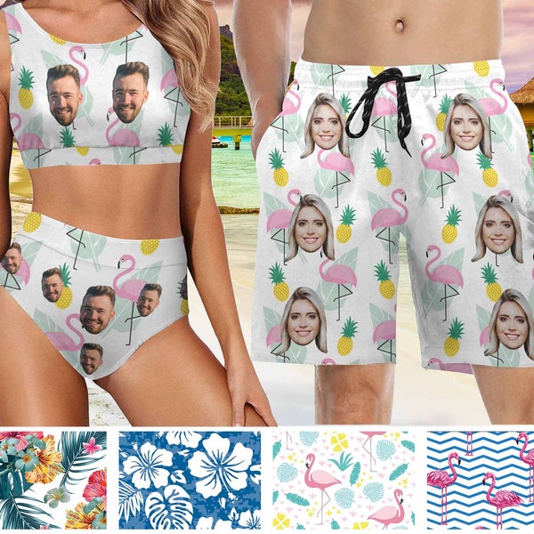 Personalized Flamingo Swimsuit for Couples, Custom Round Neck Bikini Set, Men's Beach Shorts w Photo, Summer Gift for Couples, Gift for Her