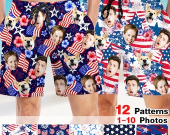 Custom American Flag Swim Trunks, Personalized Face Beach Shorts, 4th of July 250th Anniversary