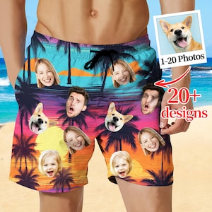Custom Men's Face Swim Trunks: Personalized Coconut Tree Beach Shorts for Dad,  Hawaiian Shorts