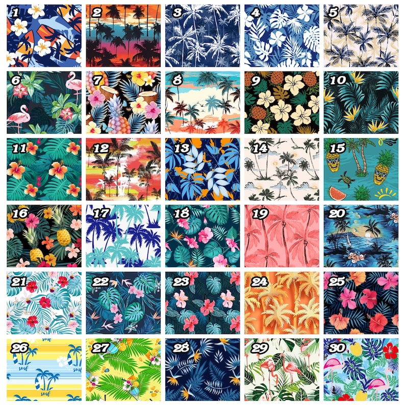 May include: A collection of 30 different tropical-themed patterns featuring palm trees, pineapples, flowers, and other island imagery. The patterns are arranged in a grid with numbers 1 through 30.