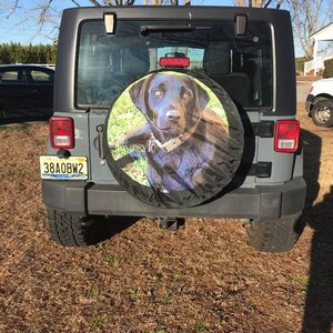 May include: A black Jeep with a spare tire cover featuring a black Labrador Retriever dog. The license plate reads "38AOBW2".