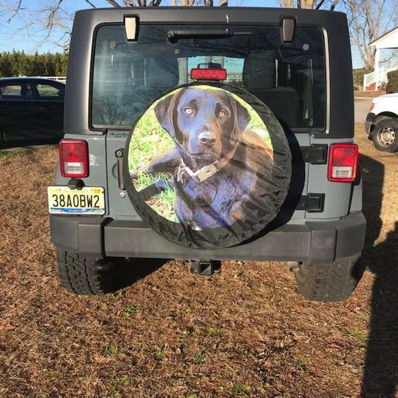 May include: A black Jeep with a spare tire cover featuring a black Labrador Retriever dog. The license plate reads "38AOBW2".