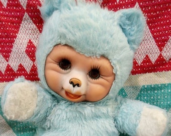 Vintage rubber face plush blue bear Sonneberg. German vintage bear doll 1970s. Animal stuffed plush blue doll rubber face bear sleepy eyes