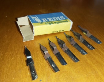 Juego de 7 puntas de pluma vintage, puntas Redis, herramientas de caligrafía de la URSS, puntas de pluma de tinta soviéticas, pluma de placa, punta de placa