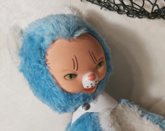 Vintage plush kitten rubber face, Gummigesicht. German vintage stuffed animal doll kitten rubber head. Sonneberg vintage stuffed kitten 1970