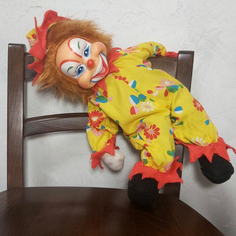 Vintage Rushton clown. Rubber face clown stuffed scary doll buffoon rubber face. Grotesque clown vintage creepy clown doll. Vintage Clown Rushton Star Creation stuffed creepy doll. Rushton creepy buffoon vintage. Scary clown stuffed doll vintage.