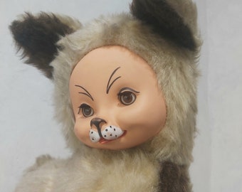 Sonneberg plush puppy dog rubber face vintage. Sleepy eyes German stuffed animal with human face. Vintage plush doll blinking eyes