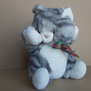 Vintage striped cat. Plush gray striped cat. Vintage plush striped cat plush