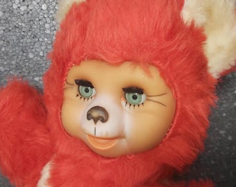 Red bear Sonneberg rubber face sleepy eyes Vintage plush doll bear blinking eyes 1970s stuffed bear rubber face doll vintage plush Germany