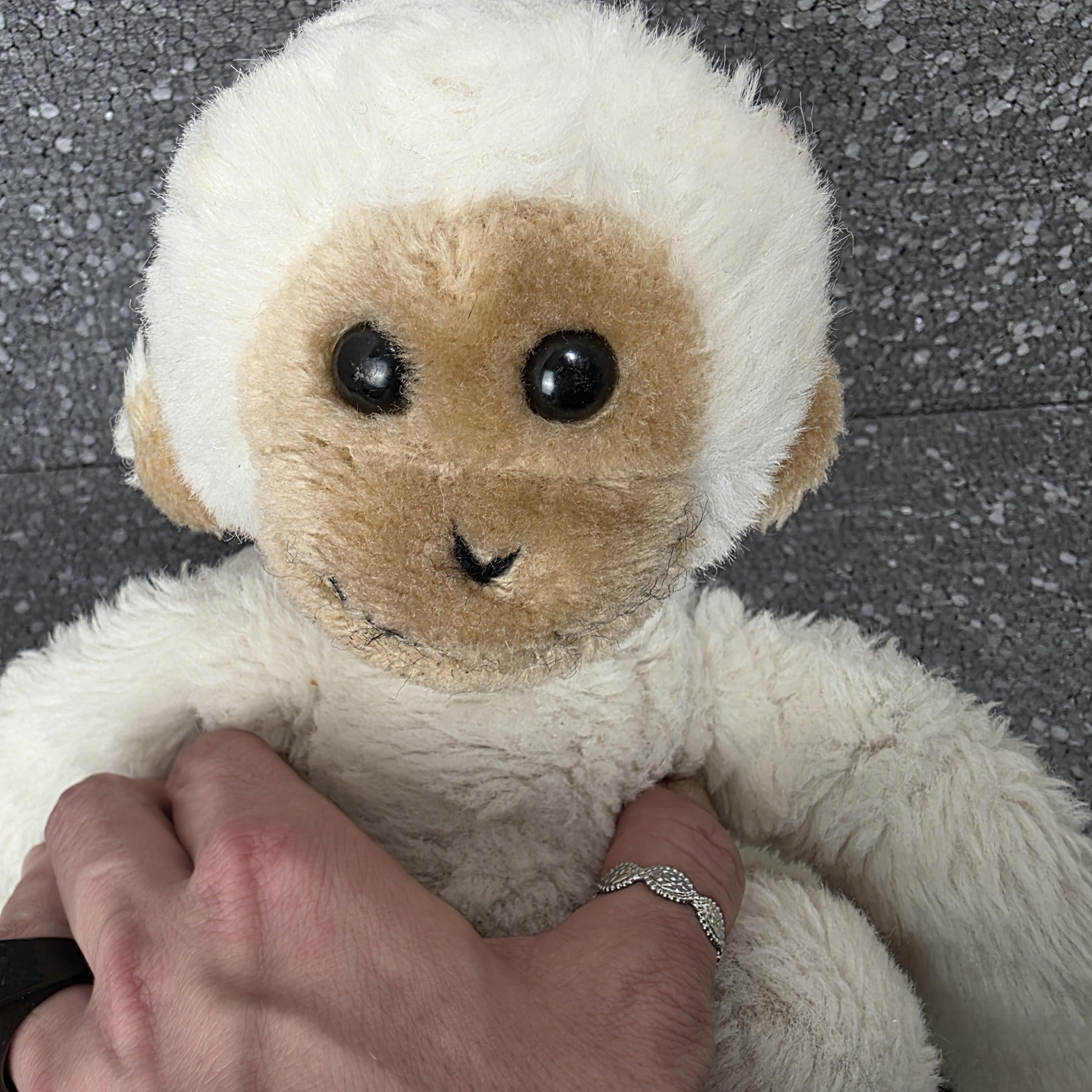 Vintage White Monkey Plush. Sitting Monkey Stuffed Animal Vintage