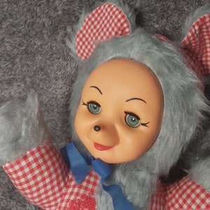 Vintage rubber face mouse plush doll. Sonneberg vintage plush doll sleepy eyes. Plush mouse doll vintage stuffed animal plush doll 1970s