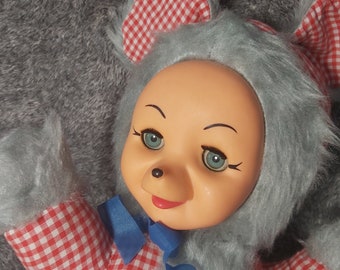 Vintage rubber face mouse plush doll. Sonneberg vintage plush doll sleepy eyes. Plush mouse doll vintage stuffed animal plush doll 1970s
