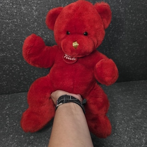 Puede incluir: Un oso de peluche cubierto de pelaje rojo vibrante con ojos de plástico negro y una nariz de color dorado. Una pequeña etiqueta circular roja con el texto blanco Trudi está unida al área del pecho del oso, que presenta orejas redondeadas.