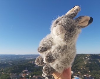 Plush gray rabbit. Stuffed plush gray bunny. Vintage rabbit plush bunny