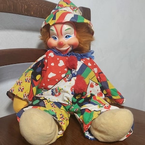 Vintage Rushton style clown. Rubber face stuffed clown Erbeo Germany. Vintage stuffed doll rubber face. Vintage style Rushton creepy clown
