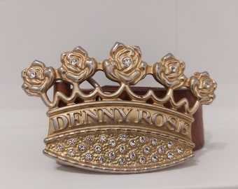 Denny Rose vintage belt. Tan leather belt. Large buckle crown with crystals leather belt vintage. Crown buckle vintage belt Italy leather