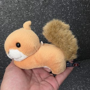 Op de afbeelding: Een kleine pluche eekhoorn met lichtoranje vacht, een witte snuit en een borstelige donkerbruine staart. Het speelgoed heeft zwarte plastic ogen en een klein label aan de zijkant met de merknaam Trudi in witte letters op een donkerblauwe achtergrond.