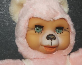 Pink bear Sonneberg rubber face sleepy eyes Vintage plush doll bear blinking eyes 1970s stuffed bear rubber face doll vintage plush Germany