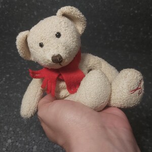 Pode incluir: Um pequeno urso de peluche de cor creme com uma echarpe vermelha. O urso está sentado na mão de uma pessoa.