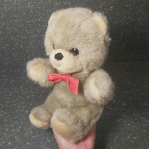 Gray Teddy bear vintage Trudi. Gray bear stuffed animal. Vintage teddy. Gray plush bear. Cute teddy Italy. Red bow teddy