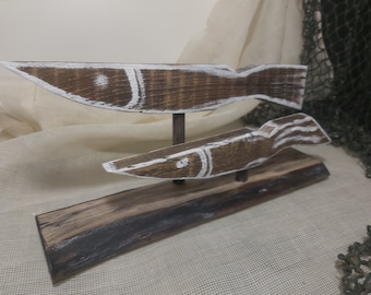Funky fish decor. Driftwood stand statue couple fish. Funky fish wooden sculpture. Beach house wood statue coastal decor. Fish beach decor