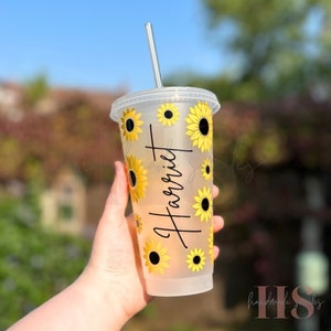 Personalised sunflower name cold cup tumbler straw 24oz | custom flowers cute summer iced coffee venti gift present birthday teacher 4