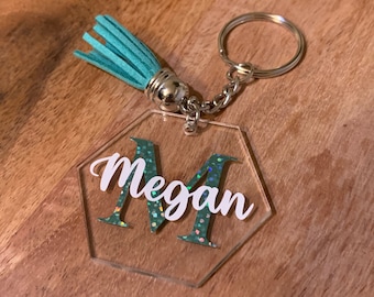 Crocheted 3D and flat letters school jumpers labels keyring