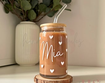 Personalised name hearts glass can bamboo lid, cute hearts libbey glass, cute summer cup, reusable iced coffee cup, aesthetic coffee glass