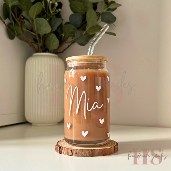 Personalised name hearts glass can bamboo lid, cute hearts libbey glass, cute summer cup, reusable iced coffee cup, aesthetic coffee glass