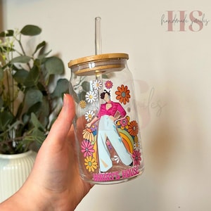 Harry's house glass can, cute iced coffee glass bamboo lid, cute HSLOT cup, pink flower summer cup, TPWK cup, cute Harry flowers cup gift