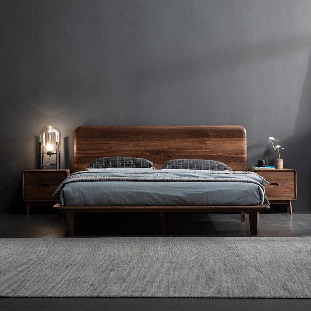 Platform Walnut Bed, Walnut Bed Frame With Headboard,bed Frame,solid