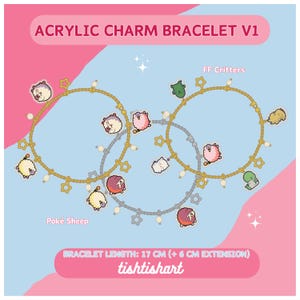 Könnte beinhalten: Ein goldfarbenes Armband mit verschiedenen niedlichen Tieranhängern, darunter Schafe, eine Katze, ein Dinosaurier und ein Frosch. Das Armband ist 17 cm lang mit einer Verlängerung von 6 cm. Das Armband ist mit "FF Critters" und "Poké Sheep" beschriftet.