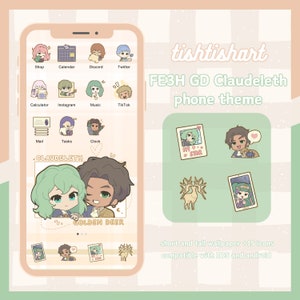 May include: A phone screen mockup with a green and brown illustration of two characters, Claudeleth and Golden Deer, from the Fire Emblem: Three Houses video game. The phone screen has a grid of icons for apps like Calendar, Instagram, and TikTok. The background is a light pink and green checkered pattern. The text "tishtishart FE3H GD Claudeleth phone theme" is at the top of the image.