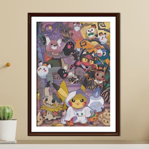 May include: A framed print depicting a Halloween scene with cartoon characters. The artwork includes a Pikachu in a ghost costume, alongside other costumed creatures in a colourful, spooky setting. The print is displayed on a white surface.