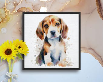 ビーグル犬の水彩画ポートレートクロスステッチパターン（PDFパターン