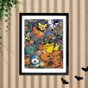 May include: A framed print with a Halloween illustration. The artwork depicts cartoon characters, including Pikachu, amidst pumpkins and a spooky forest. The print is in a black frame, with decorative bat silhouettes. The image is in a black frame.