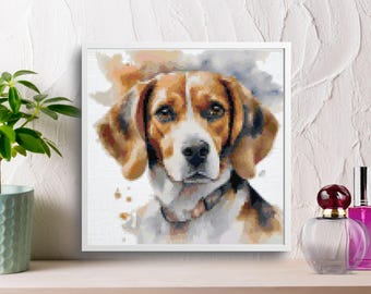 ビーグル犬の水彩画ポートレートクロスステッチパターン（PDFパターン