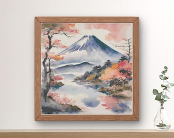 日本の風景クロスステッチパターン、桜と富士山のクロスステッチ、富士
