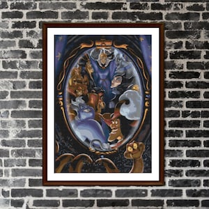 May include: A framed print featuring a colorful illustration of Disney villains. The artwork is set within an ornate, oval-shaped mirror frame. The characters include Ursula, Hades, and the Evil Queen, among others. The print is set against a dark background.