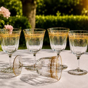 May include: Five clear wine glasses with gold floral designs around the rims. Four glasses stand upright, while one lies on its side. The glasses are on a white tablecloth, with a blurred green background.