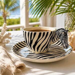 May include: A ceramic coffee cup and saucer set with a black and white zebra stripe pattern. The cup handle is a sculpted zebra head. The cup is filled with coffee. The set is on a white table with a seashell and coral.