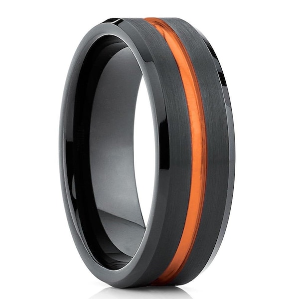 Orange Tungsten Wedding Ring,Black Tungsten Wedding Ring,Unique Tungsten Ring,Men & Women,Tungsten Carbide Ring,Black Wedding Ring,Brush