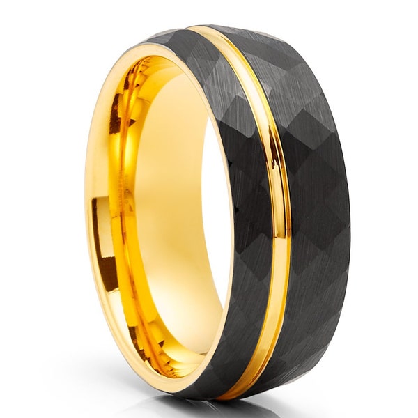 Yellow Gold Tungsten Wedding Ring|18K Yellow Gold|Black Tungsten Wedding Ring|Anniversary Ring|Hammered Tungsten Ring|Black Tungsten Ring