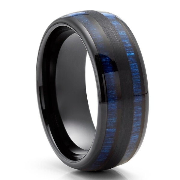 Black Tungsten Wedding Ring|Blue Wood Wedding Ring|8mm Tungsten Wedding Ring|Anniversary Ring|Engagement Ring|Tungsten Carbide Ring|Unique