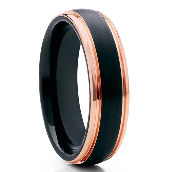 Rose Gold Tungsten Wedding Ring,Black Tungsten Ring,Anniversary Ring,Black Wedding Ring,Unique Tungsten Ring,Men & Women,18k Rose Gold,Bands
