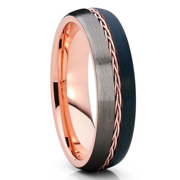 Rose Gold Wolfram Ring, geflochtenen Wolfram Ehering, 6 mm Wolfram Ring schwarz, Jubiläumsring, Verlobungsring, Wolframring, einzigartiger Ring