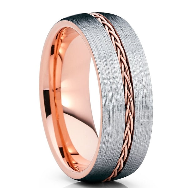 Rose Gold Tungsten Wedding Ring,Braid Tungsten Ring,Rose Gold Wedding Ring,Anniversary Ring,Tungsten Carbide Ring,Unique Wedding Ring,Brush