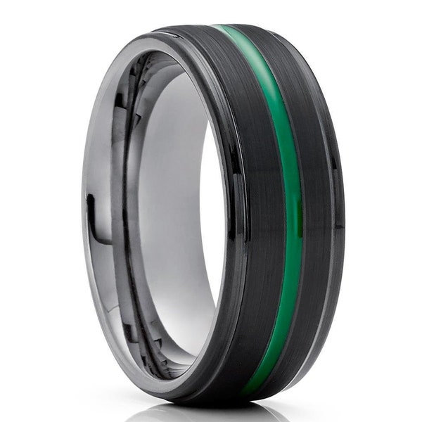 Gunmetal wolfraam trouwring, groene wolfraam ring, zwarte wolfraam ring, jubileum ring, groene wolfraam ring, unieke trouw band, mannen & vrouwen